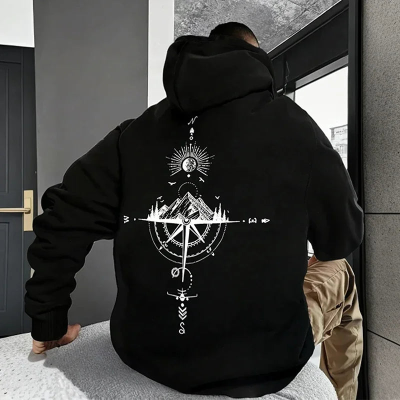Compass Print Men Women Pullover Hoodie Outdoor Street Casual Fashion Trend Sport Loose Autumn Winter Warm Sweatshirt Clothing