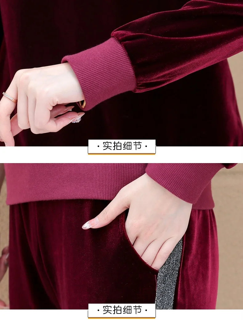 Gold Vvelvet Sports Suit Women 2025 New Autumn Spring Mother Casual Suit Fashion Loose Wide Leg Pants Two-Piece Suit Female