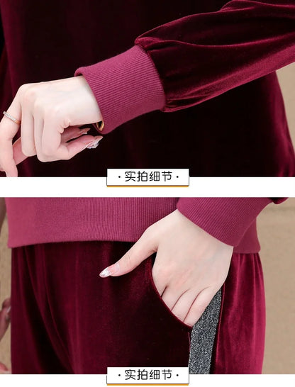 Gold Vvelvet Sports Suit Women 2025 New Autumn Spring Mother Casual Suit Fashion Loose Wide Leg Pants Two-Piece Suit Female