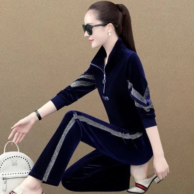 Gold Vvelvet Sports Suit Women 2025 New Autumn Spring Mother Casual Suit Fashion Loose Wide Leg Pants Two-Piece Suit Female