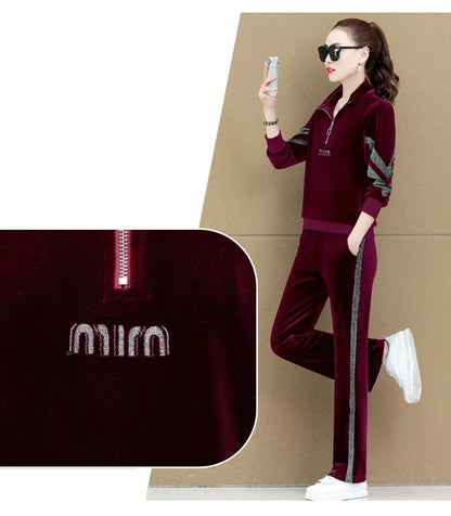Gold Vvelvet Sports Suit Women 2025 New Autumn Spring Mother Casual Suit Fashion Loose Wide Leg Pants Two-Piece Suit Female