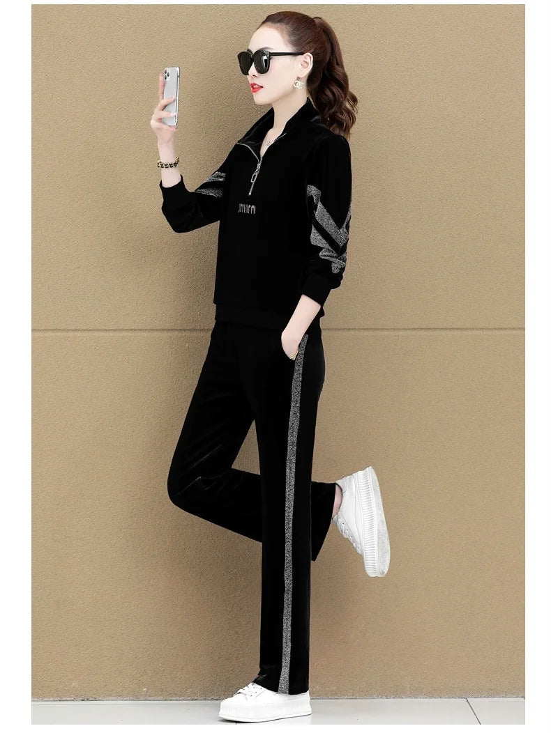Gold Vvelvet Sports Suit Women 2025 New Autumn Spring Mother Casual Suit Fashion Loose Wide Leg Pants Two-Piece Suit Female