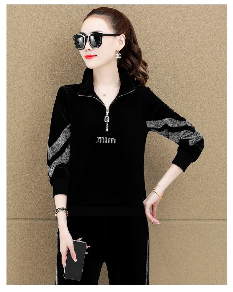 Gold Vvelvet Sports Suit Women 2025 New Autumn Spring Mother Casual Suit Fashion Loose Wide Leg Pants Two-Piece Suit Female