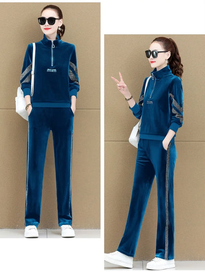 Gold Vvelvet Sports Suit Women 2025 New Autumn Spring Mother Casual Suit Fashion Loose Wide Leg Pants Two-Piece Suit Female