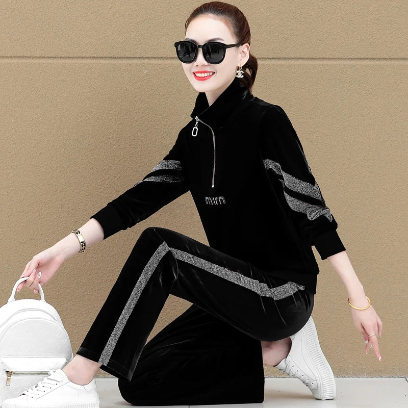Gold Vvelvet Sports Suit Women 2025 New Autumn Spring Mother Casual Suit Fashion Loose Wide Leg Pants Two-Piece Suit Female
