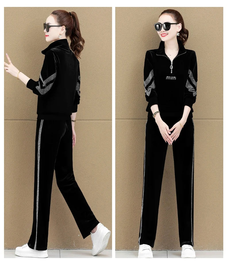 Gold Vvelvet Sports Suit Women 2025 New Autumn Spring Mother Casual Suit Fashion Loose Wide Leg Pants Two-Piece Suit Female