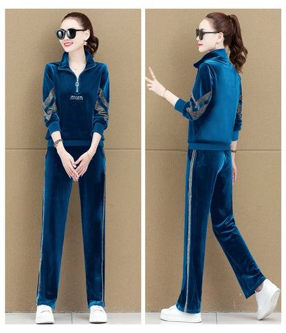 Gold Vvelvet Sports Suit Women 2025 New Autumn Spring Mother Casual Suit Fashion Loose Wide Leg Pants Two-Piece Suit Female