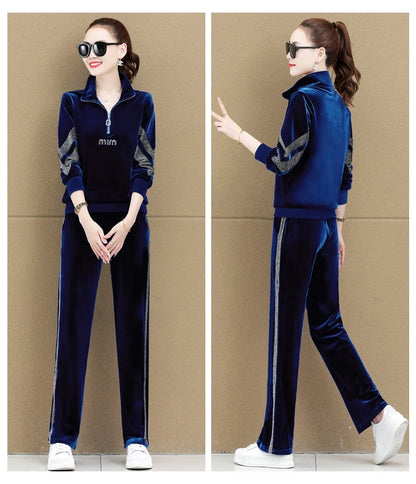Gold Vvelvet Sports Suit Women 2025 New Autumn Spring Mother Casual Suit Fashion Loose Wide Leg Pants Two-Piece Suit Female