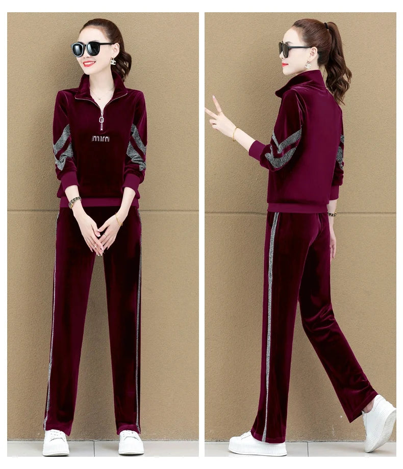 Gold Vvelvet Sports Suit Women 2025 New Autumn Spring Mother Casual Suit Fashion Loose Wide Leg Pants Two-Piece Suit Female