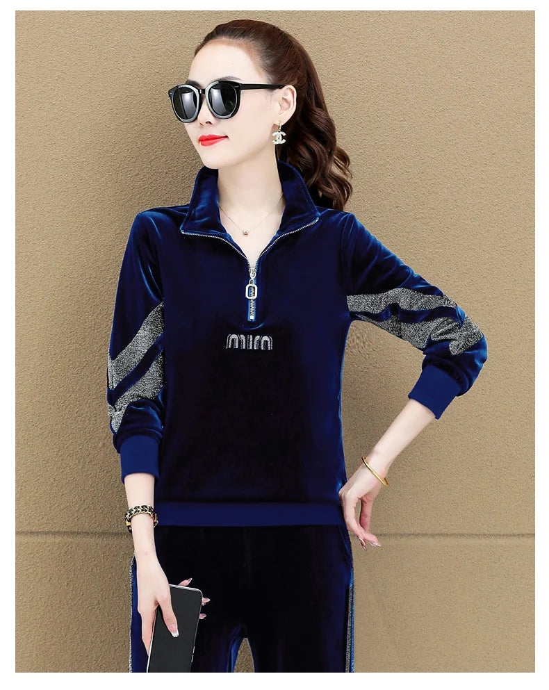 Gold Vvelvet Sports Suit Women 2025 New Autumn Spring Mother Casual Suit Fashion Loose Wide Leg Pants Two-Piece Suit Female