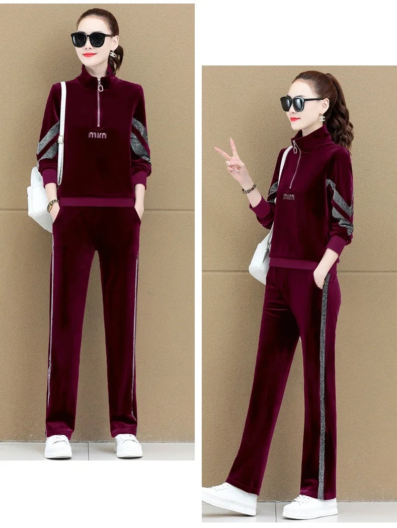 Gold Vvelvet Sports Suit Women 2025 New Autumn Spring Mother Casual Suit Fashion Loose Wide Leg Pants Two-Piece Suit Female