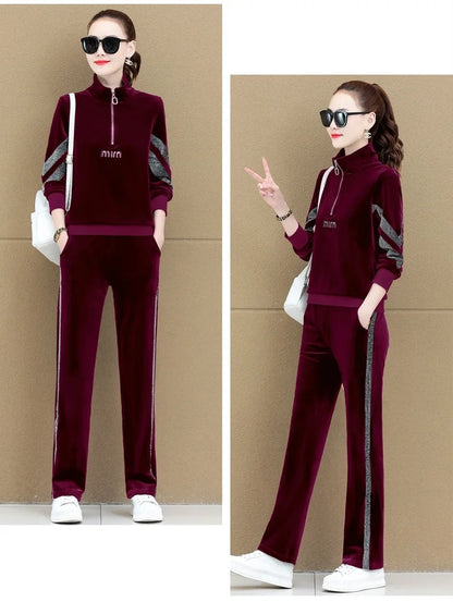 Gold Vvelvet Sports Suit Women 2025 New Autumn Spring Mother Casual Suit Fashion Loose Wide Leg Pants Two-Piece Suit Female