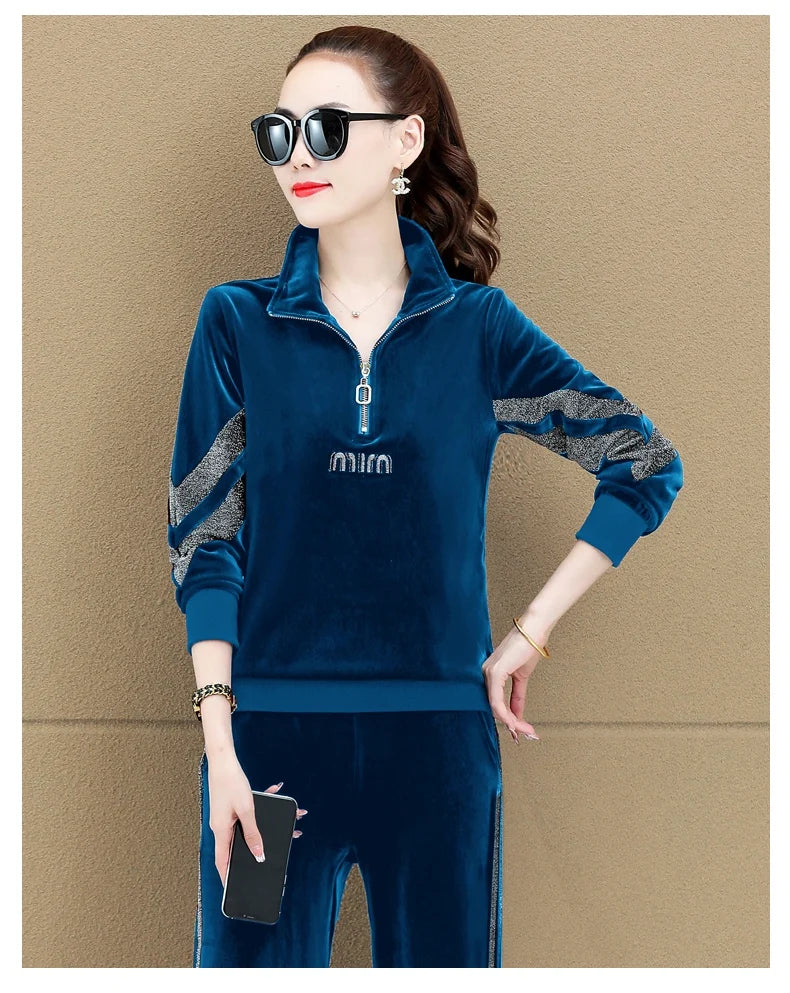 Gold Vvelvet Sports Suit Women 2025 New Autumn Spring Mother Casual Suit Fashion Loose Wide Leg Pants Two-Piece Suit Female