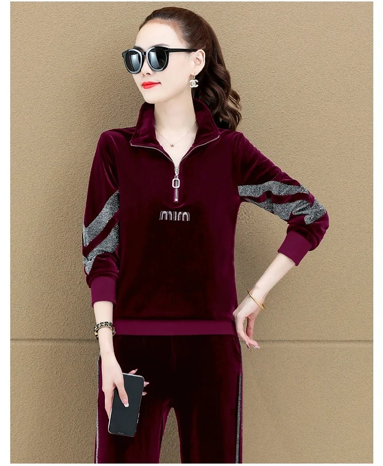 Gold Vvelvet Sports Suit Women 2025 New Autumn Spring Mother Casual Suit Fashion Loose Wide Leg Pants Two-Piece Suit Female