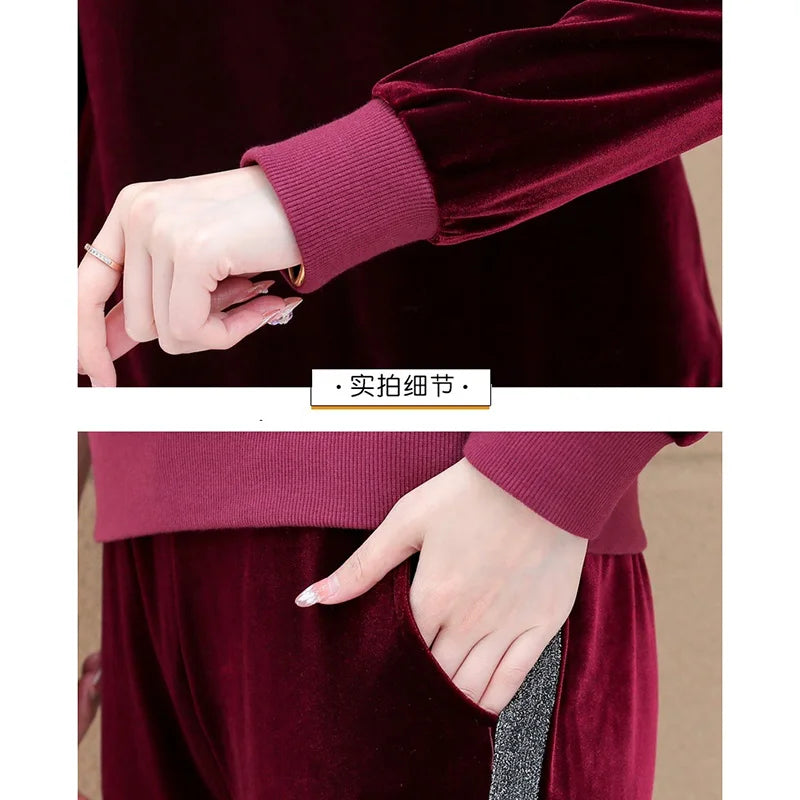 Gold Vvelvet Sports Suit Women 2025 New Autumn Spring Mother Casual Suit Fashion Loose Wide Leg Pants Two-Piece Suit Female