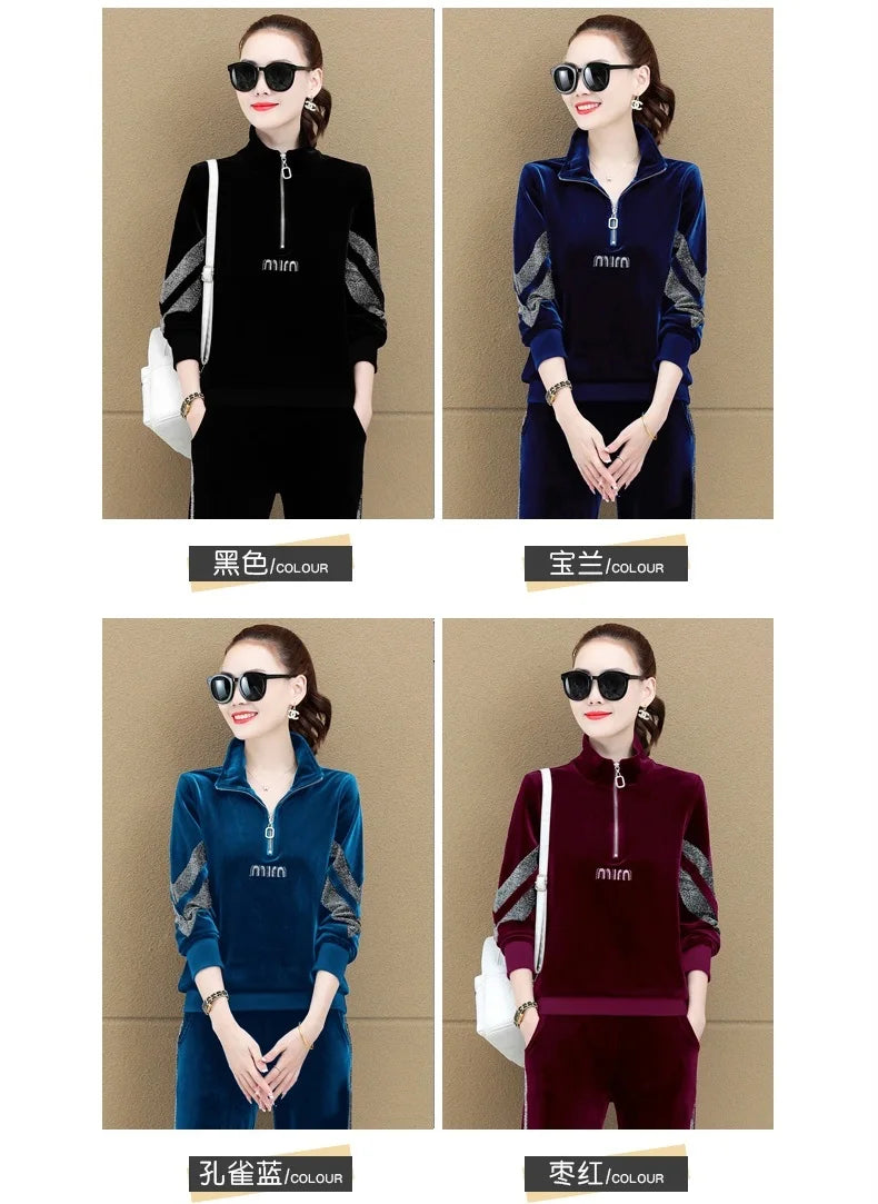 Gold Vvelvet Sports Suit Women 2025 New Autumn Spring Mother Casual Suit Fashion Loose Wide Leg Pants Two-Piece Suit Female