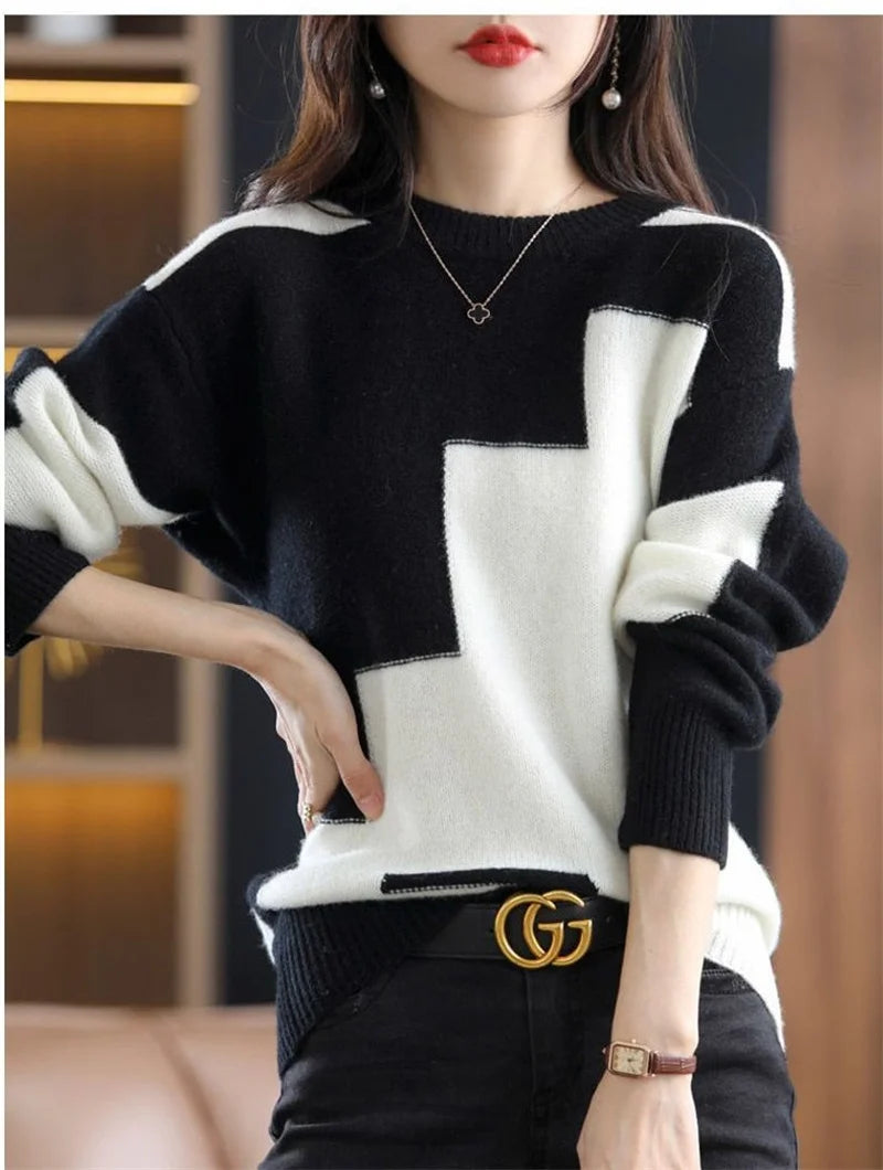 Elegant Color Matching Round Neck Sweater Female Casual Stitching Knitte Pullover Sweater Women Spring Autumn Loose Sweater Lady