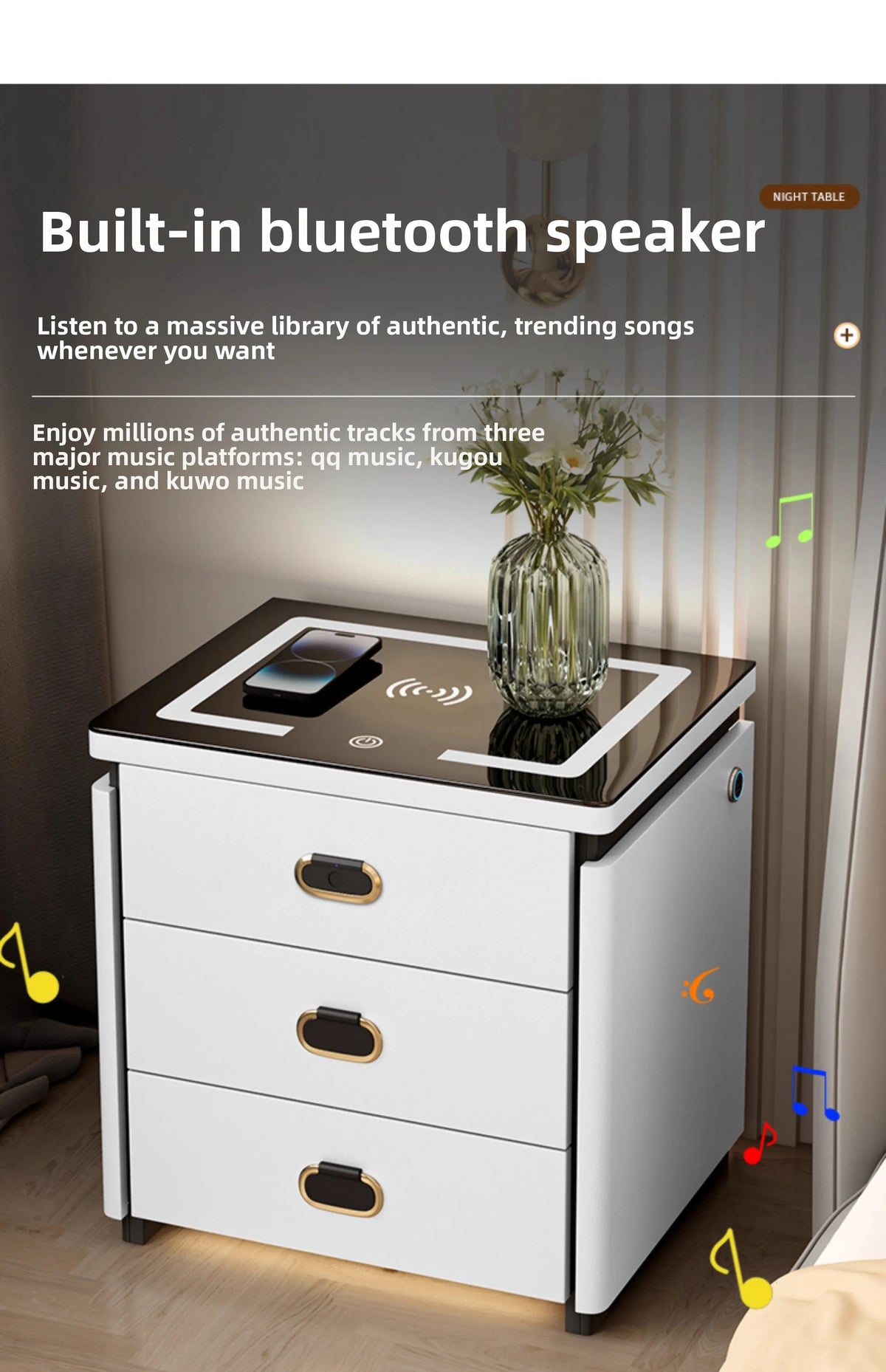 Solid Wood Smart Nightstands Minimalist Bedside Table Wireless Charging Station High-End Bedroom Furniture with Hidden Storage