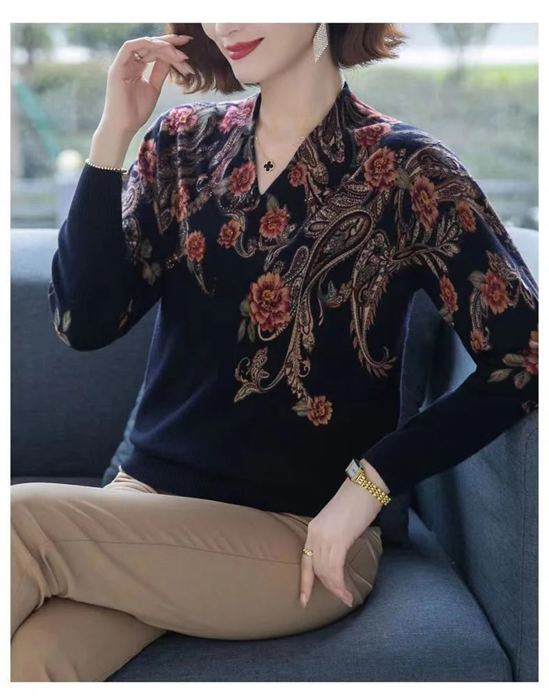 Autumn Winter New Middle-aged Elderly Mother's Pullover Sweater Women's Loose Long Sleeve Casual Fashion Sweater Female Jumper