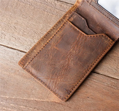 Crazy Horse Leather Men Wallets Retro Handmade Small Purse Top Cow Leather US Dollar Money Clip Bag Minimalist Wallet Portomonee