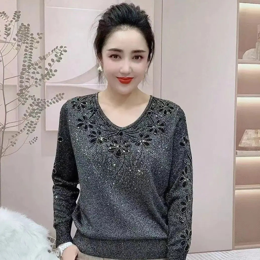 Spring Autumn New V-neck Long Sleeve Sweater Women High Street Rhinestone Patchwork Pullovers Screw Thread Solid Color Y2K Tops