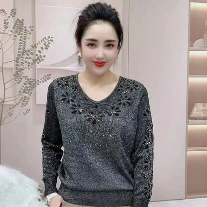 Spring Autumn New V-neck Long Sleeve Sweater Women High Street Rhinestone Patchwork Pullovers Screw Thread Solid Color Y2K Tops