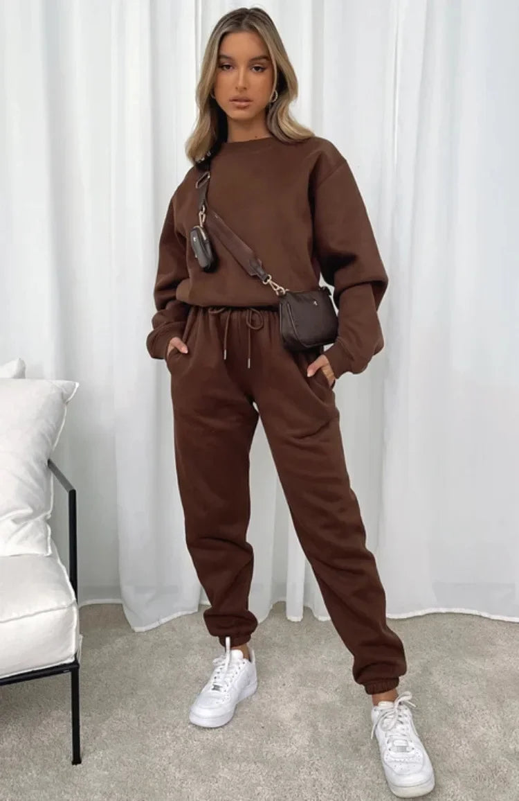 Fashionable Casual Long Sleeve Sweatshirtsuit Women's Clothing Round Neck Pullover Trousers Solid Color Autumn Winter Collection
