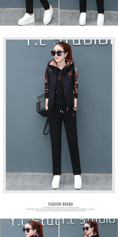 Women's Fashion Plush Thickened Sweat Suit 2025 Autumn Winter New Casual Hooded Tops Waistcoat Pants 3 Three Piece Set For Women