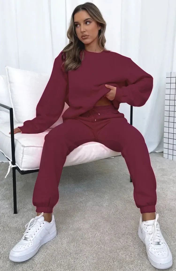 Fashionable Casual Long Sleeve Sweatshirtsuit Women's Clothing Round Neck Pullover Trousers Solid Color Autumn Winter Collection