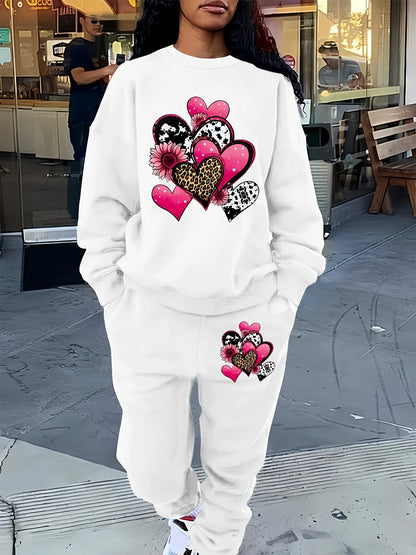 Women's Autumn/Winter Hip Hop Casual Street Fashion Heart Pattern Printed Round Neck Sweatshirt+Sweatpants Warm Set