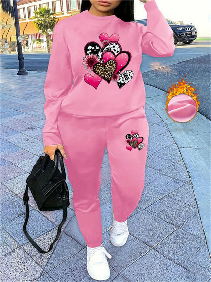 Women's Autumn/Winter Hip Hop Casual Street Fashion Heart Pattern Printed Round Neck Sweatshirt+Sweatpants Warm Set
