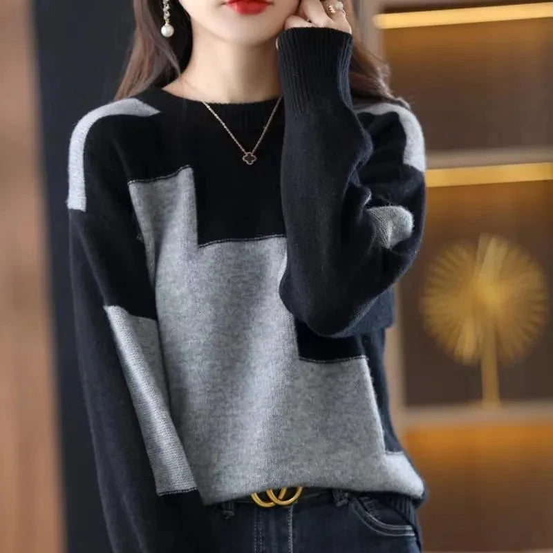 Elegant Color Matching Round Neck Sweater Female Casual Stitching Knitte Pullover Sweater Women Spring Autumn Loose Sweater Lady