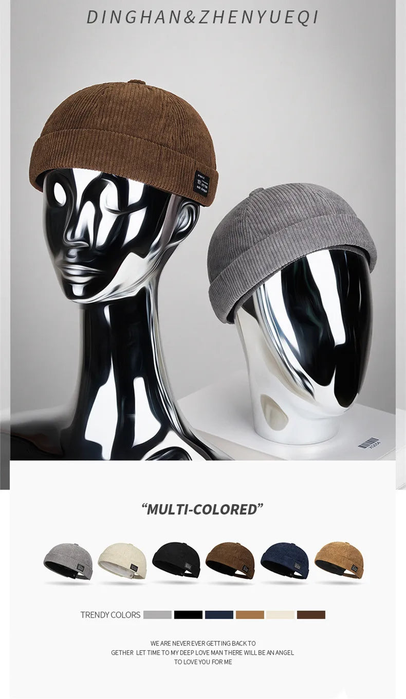 Autumn and winter corduroy brimless casual hat, personalized yuppie hat, men's and women's striped velvet melon skin hat