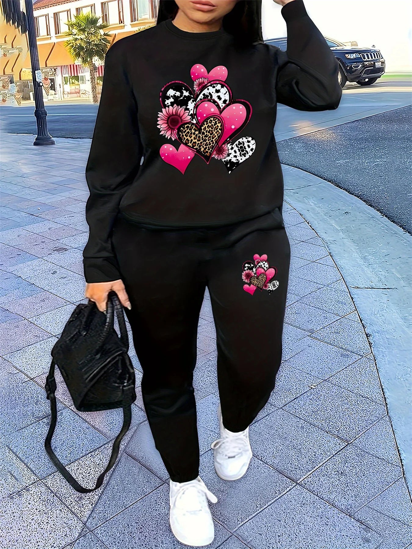 Women's Autumn/Winter Hip Hop Casual Street Fashion Heart Pattern Printed Round Neck Sweatshirt+Sweatpants Warm Set