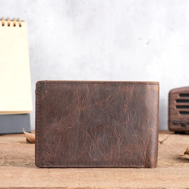 Crazy Horse Leather Men Wallets Retro Handmade Small Purse Top Cow Leather US Dollar Money Clip Bag Minimalist Wallet Portomonee