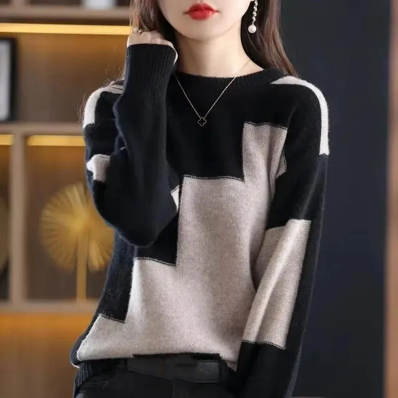 Elegant Color Matching Round Neck Sweater Female Casual Stitching Knitte Pullover Sweater Women Spring Autumn Loose Sweater Lady
