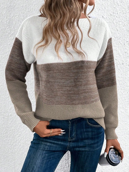 Elegant Three-color Patchwork Sweater Women Daily Commuter Casual Loose Jumpers Female Autumn Winter Knitted Thickened Warm Tops
