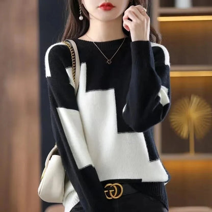 Elegant Color Matching Round Neck Sweater Female Casual Stitching Knitte Pullover Sweater Women Spring Autumn Loose Sweater Lady