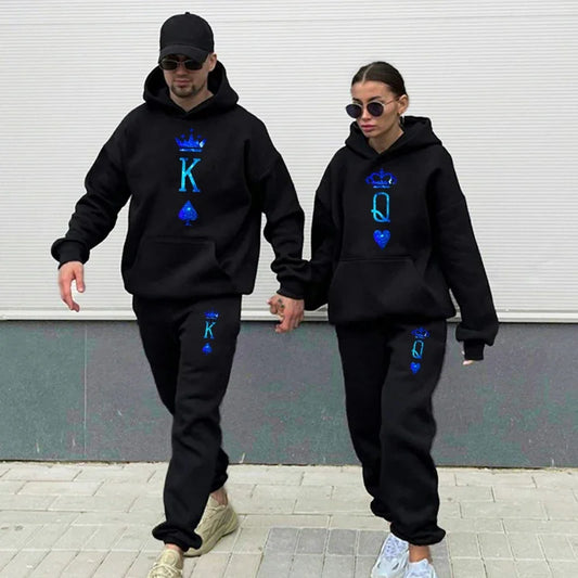 Couple Sportwear Set KING QUEEN Hoodies Two-Piece Lover Hooded Suits Hoodie Pants 2pcs Set Streetwear Men Women Matching Clothes