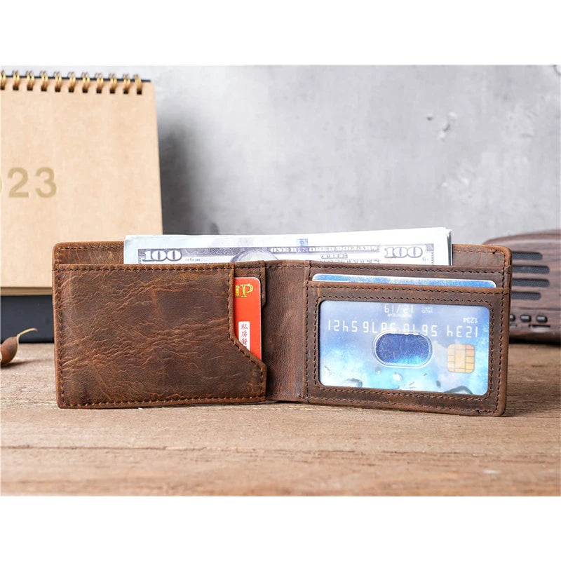 Crazy Horse Leather Men Wallets Retro Handmade Small Purse Top Cow Leather US Dollar Money Clip Bag Minimalist Wallet Portomonee