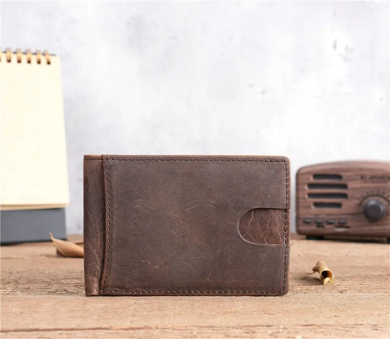 Crazy Horse Leather Men Wallets Retro Handmade Small Purse Top Cow Leather US Dollar Money Clip Bag Minimalist Wallet Portomonee