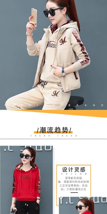 Women's Fashion Plush Thickened Sweat Suit 2025 Autumn Winter New Casual Hooded Tops Waistcoat Pants 3 Three Piece Set For Women