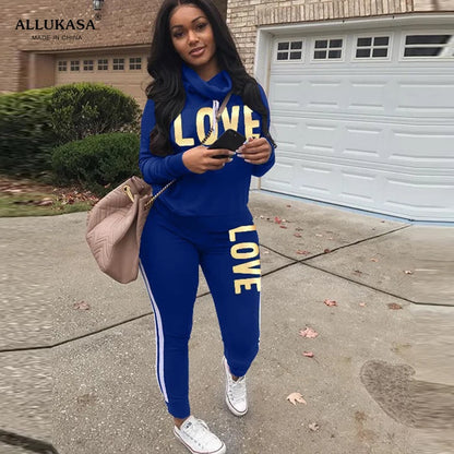 2 Piece Set Women Outfit LOVE Letter Print High Neck Hoodies Sweatshirt Pants Tracksuit 2022 Plus Size Streetwear Casual Suit