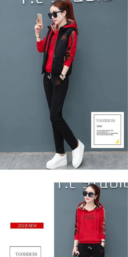 Women's Fashion Plush Thickened Sweat Suit 2025 Autumn Winter New Casual Hooded Tops Waistcoat Pants 3 Three Piece Set For Women