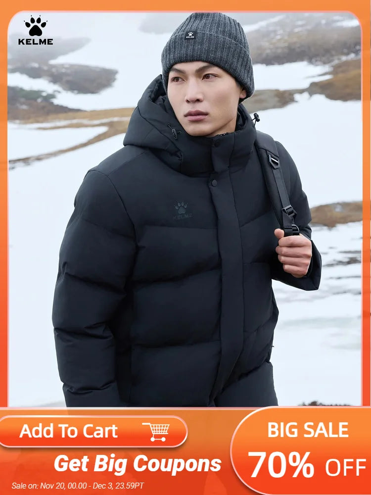 Kelme Men's Winter Windproof Training Jacket With Hooded Down-filled Insulation Outdoor Fleece-lined Thickened Coat