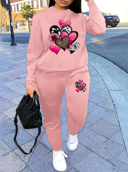 Women's Autumn/Winter Hip Hop Casual Street Fashion Heart Pattern Printed Round Neck Sweatshirt+Sweatpants Warm Set