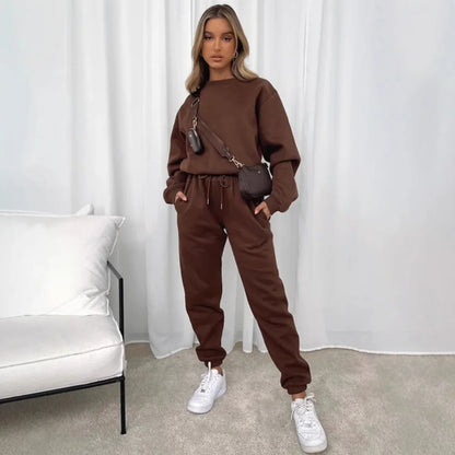 Fashionable Casual Long Sleeve Sweatshirtsuit Women's Clothing Round Neck Pullover Trousers Solid Color Autumn Winter Collection