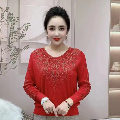 Spring Autumn New V-neck Long Sleeve Sweater Women High Street Rhinestone Patchwork Pullovers Screw Thread Solid Color Y2K Tops