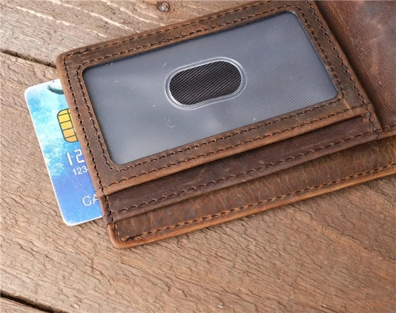 Crazy Horse Leather Men Wallets Retro Handmade Small Purse Top Cow Leather US Dollar Money Clip Bag Minimalist Wallet Portomonee