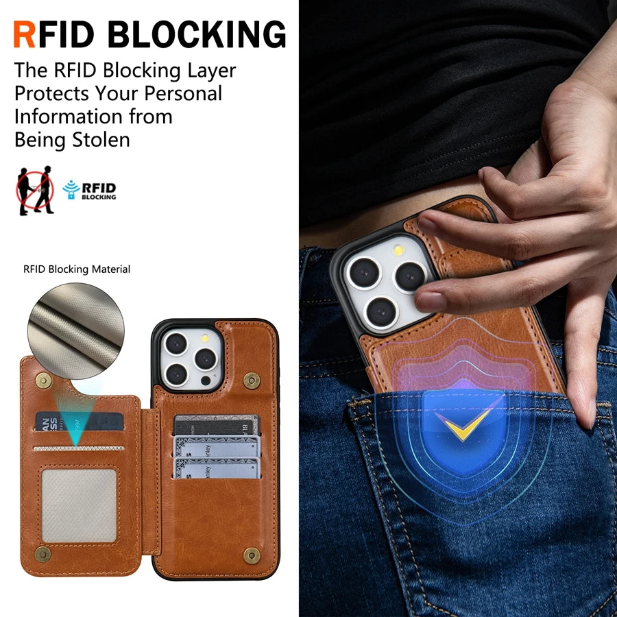 Wallet RFID Blocking Layer Protect Anti-Theft Magnetic Leather Case For iPhone 16e 16 Pro Max 15 Plus 14 13 12 11 SE2 XS XR 8 7